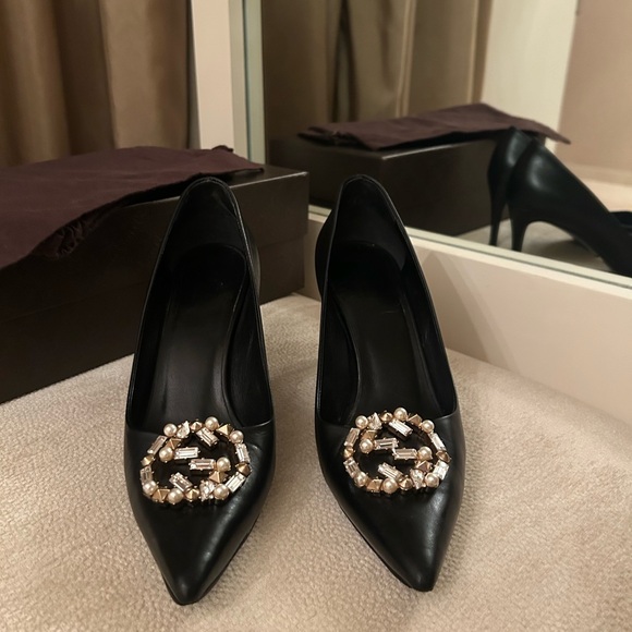 Gucci Shoes - Gucci Black Heels with Pearl and Jewel Embellishment